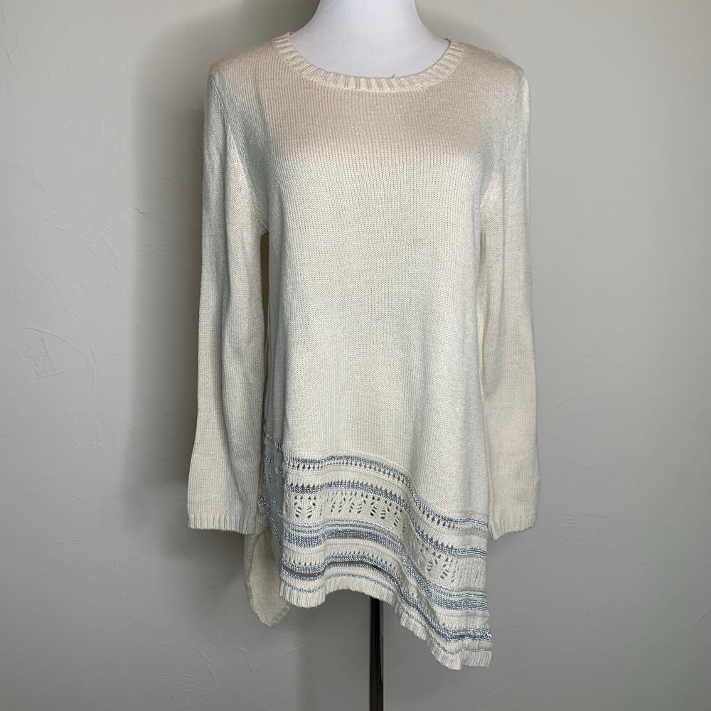 Spense Knits Cream Silver Asymmetric Sweater Sz Medium